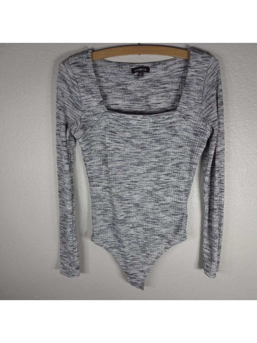 Express Ribbed Space-Dye Gray Square Neck Bodysuit Long Sleeve Size S